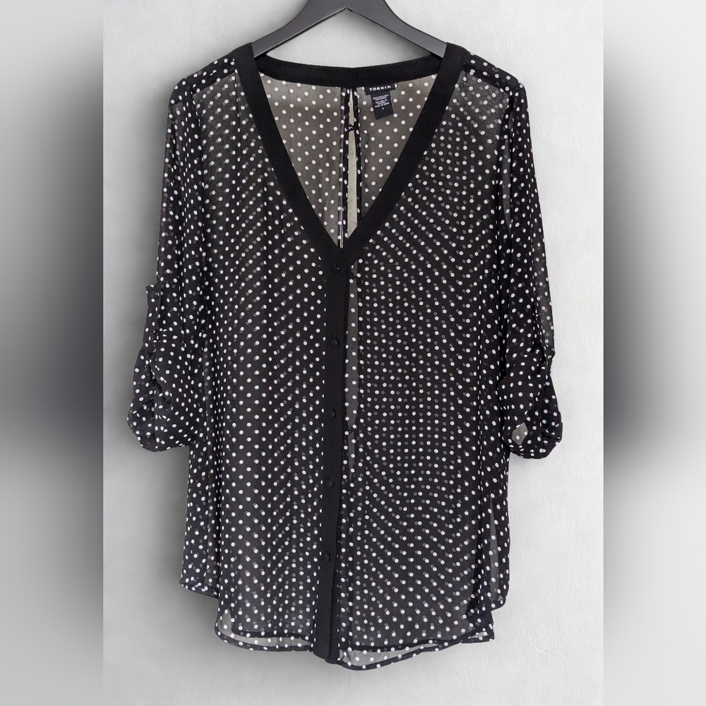 Torrid Black and White Polka Dot V Neck Blouse